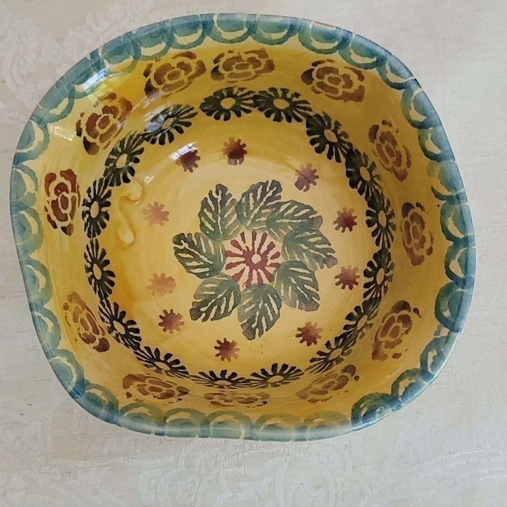 Vintage Hand Painted Pottery Bowls (2) Yellow Floral Print Ruffled Edges 🇮🇹